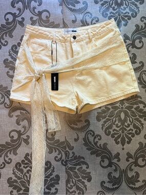 Fashion Nova Cream Lace-Tie Denim Shorts